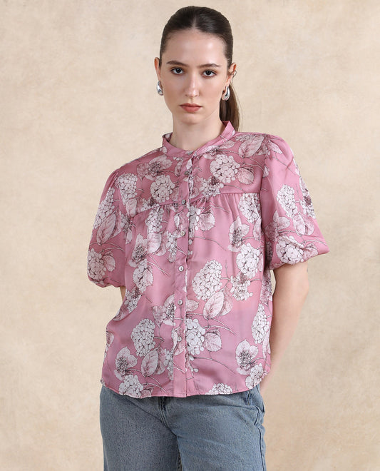 Rareism Women Turino Dusky Pink Balloon Sleeve Mandarin Neck  Floral Print Top