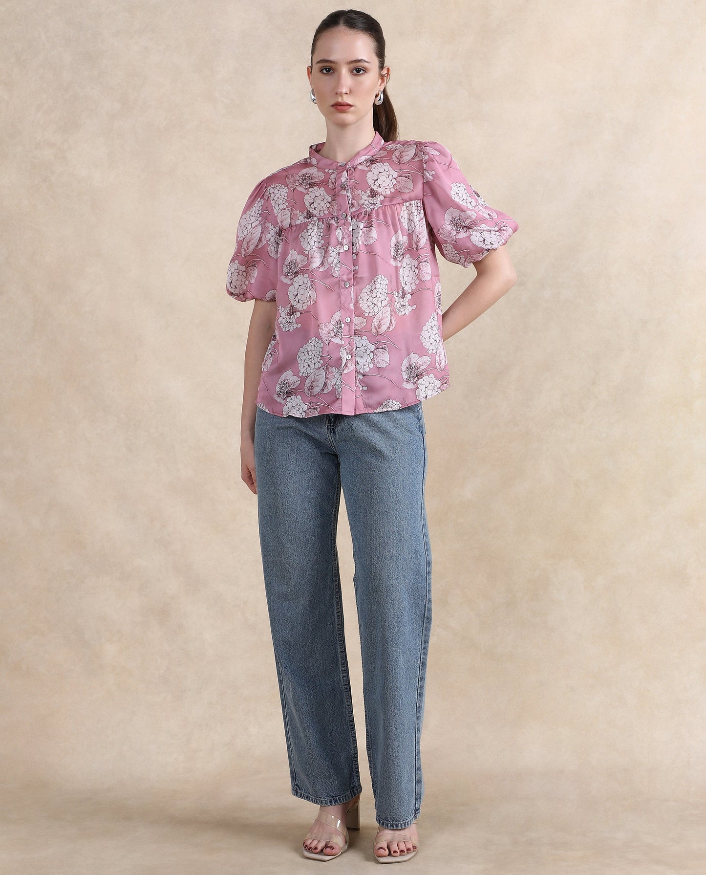 Rareism Women Turino Dusky Pink Balloon Sleeve Mandarin Neck  Floral Print Top