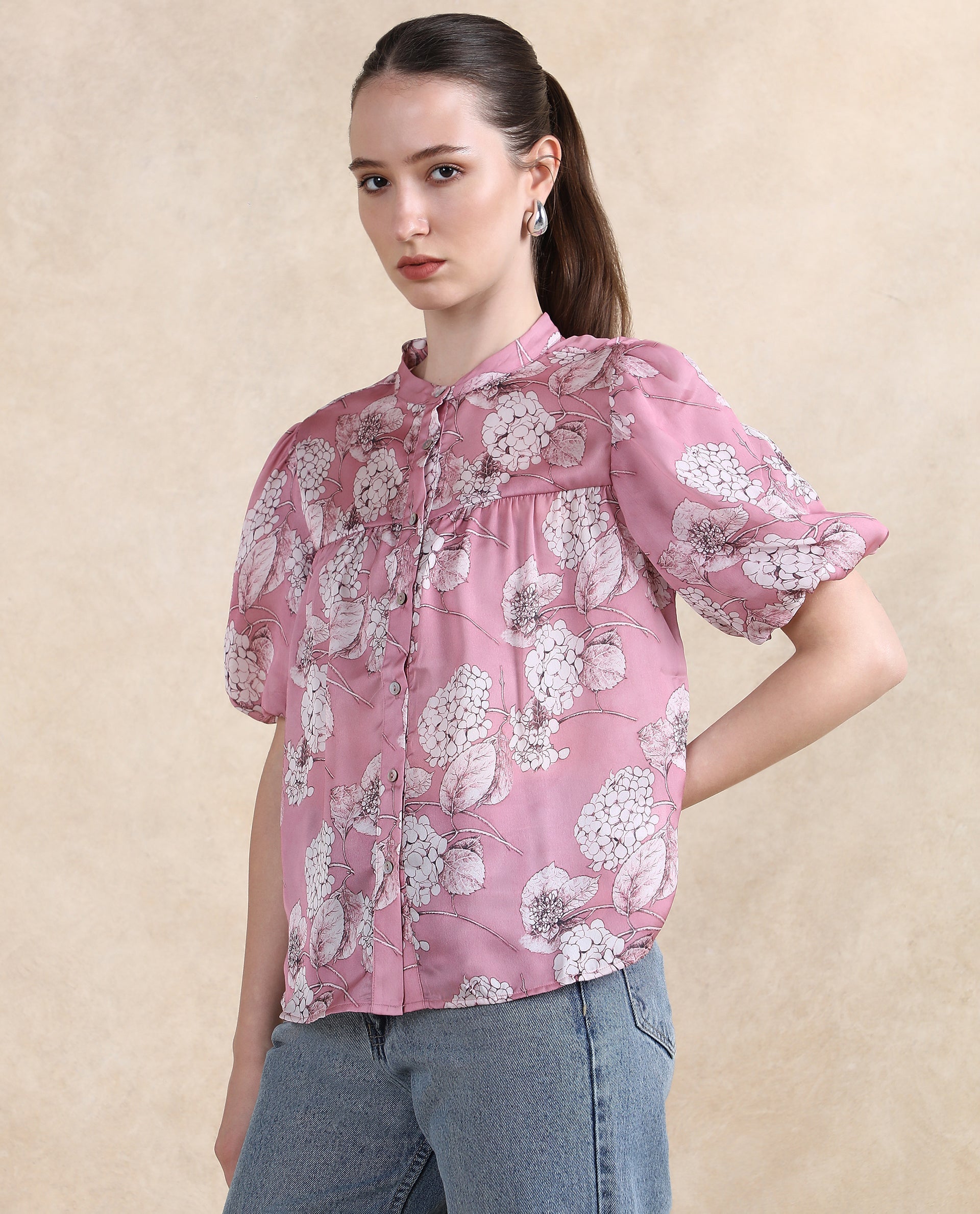 Rareism Women Turino Dusky Pink Balloon Sleeve Mandarin Neck  Floral Print Top