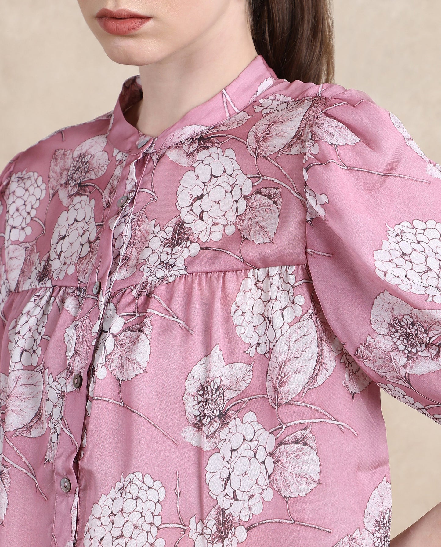 Rareism Women Turino Dusky Pink Balloon Sleeve Mandarin Neck  Floral Print Top