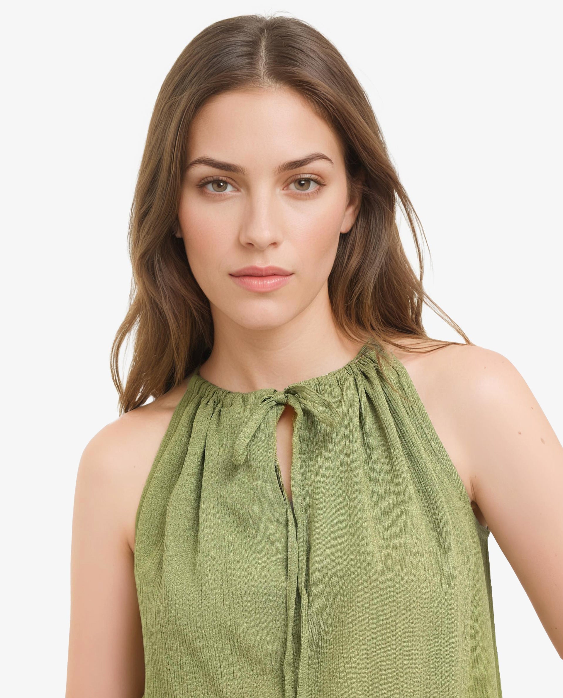 Rareism Women Udine Green Sleeveless Halter Neck With Drawcord Detail Top