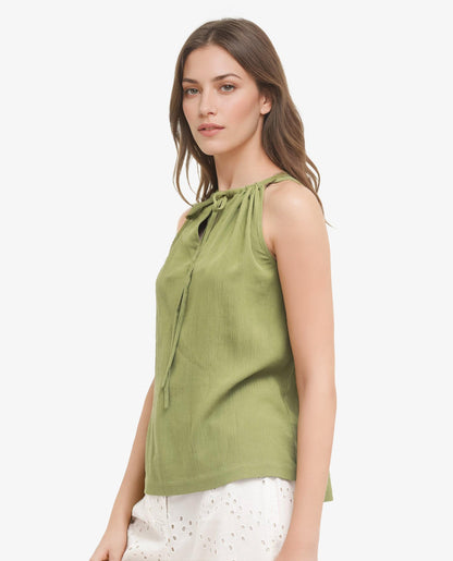 Rareism Women Udine Green Sleeveless Halter Neck With Drawcord Detail Top