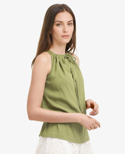 Rareism Women Udine Green Sleeveless Halter Neck With Drawcord Detail Top