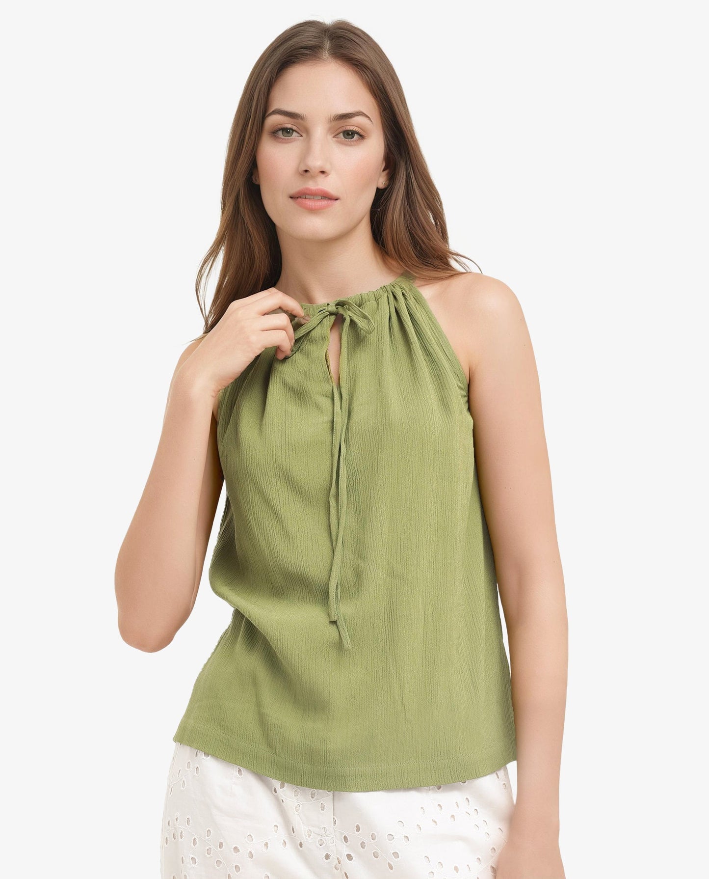 Rareism Women Udine Green Sleeveless Halter Neck With Drawcord Detail Top