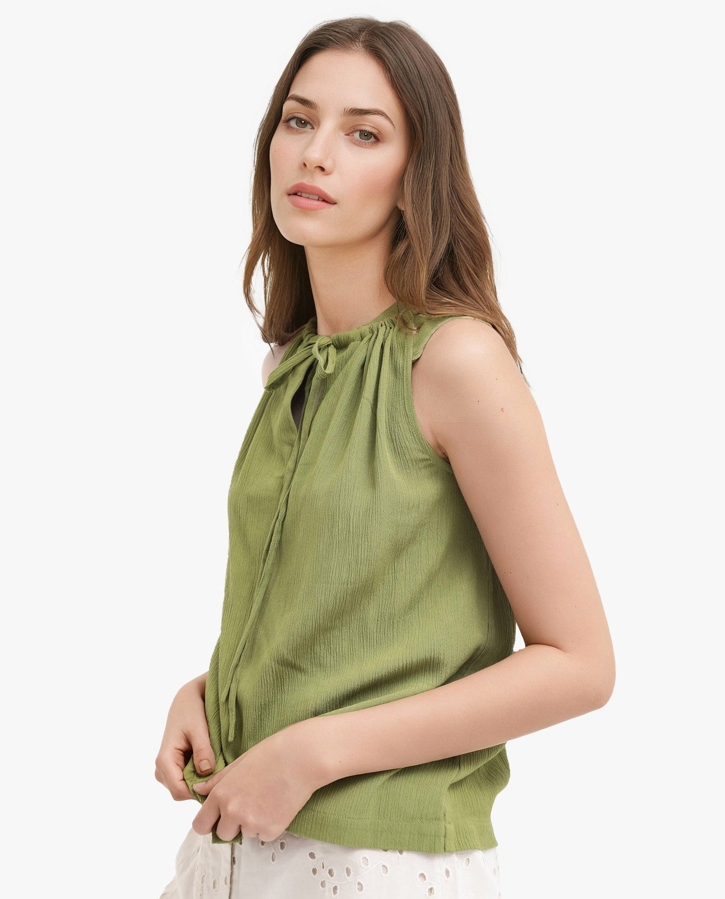 Rareism Women Udine Green Sleeveless Halter Neck With Drawcord Detail Top