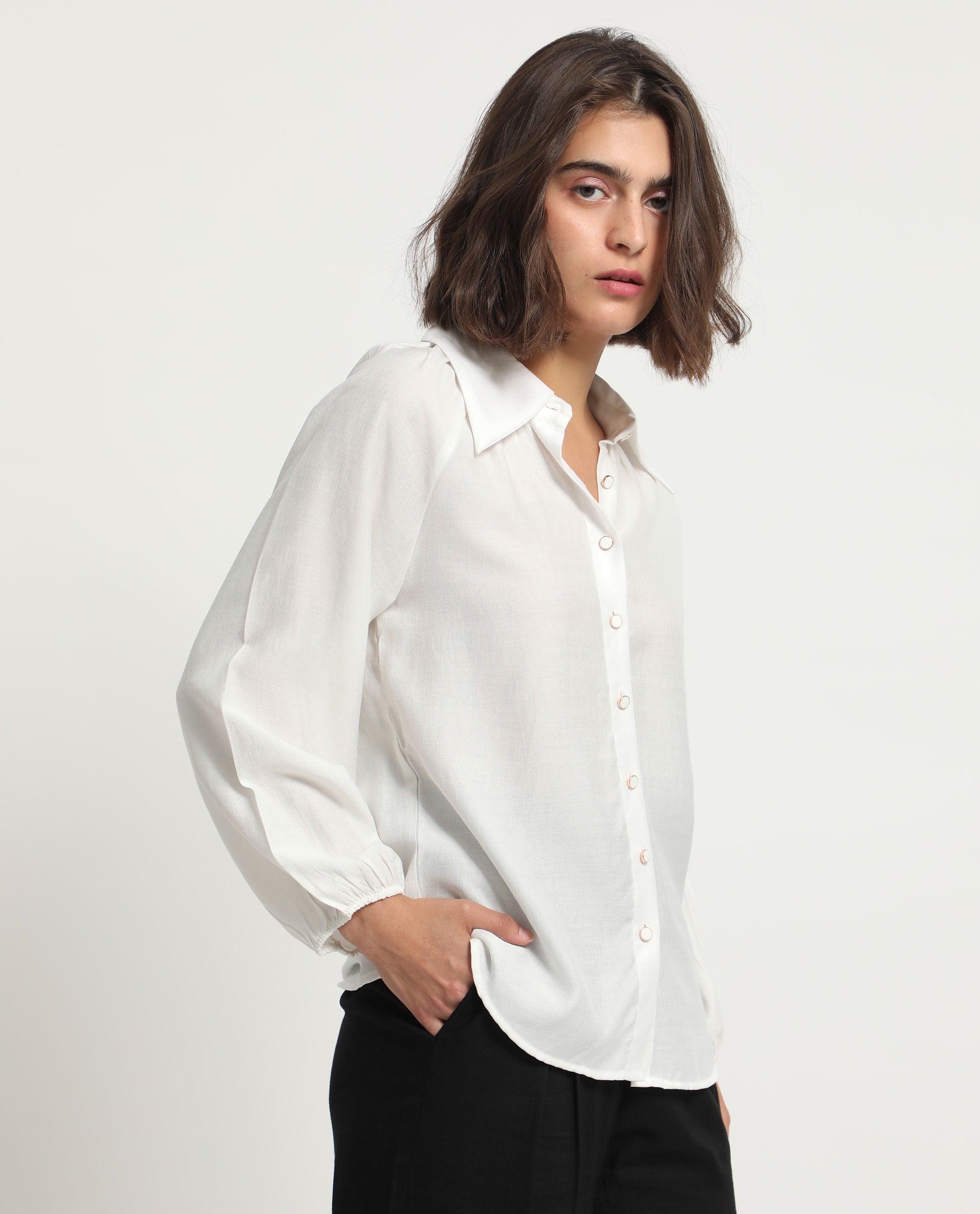 Rareism Women Ugans White Polyester Fabric Relaxed Fit Shirt Collar Full Sleeves Solid Top