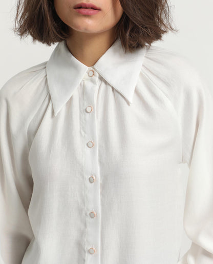 Rareism Women Ugans White Polyester Fabric Relaxed Fit Shirt Collar Full Sleeves Solid Top