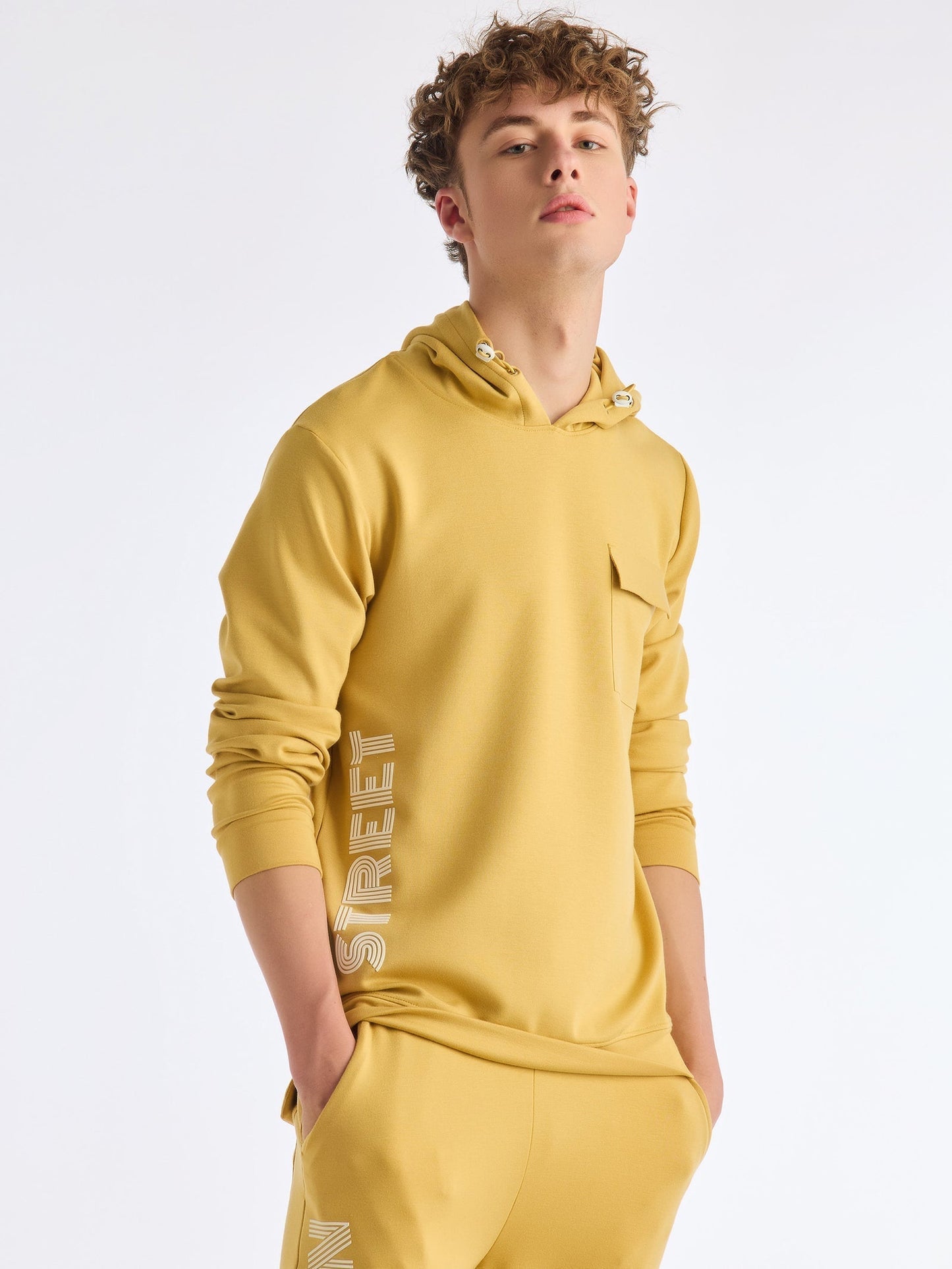 Yellow Printed Hooded Sweatshirt