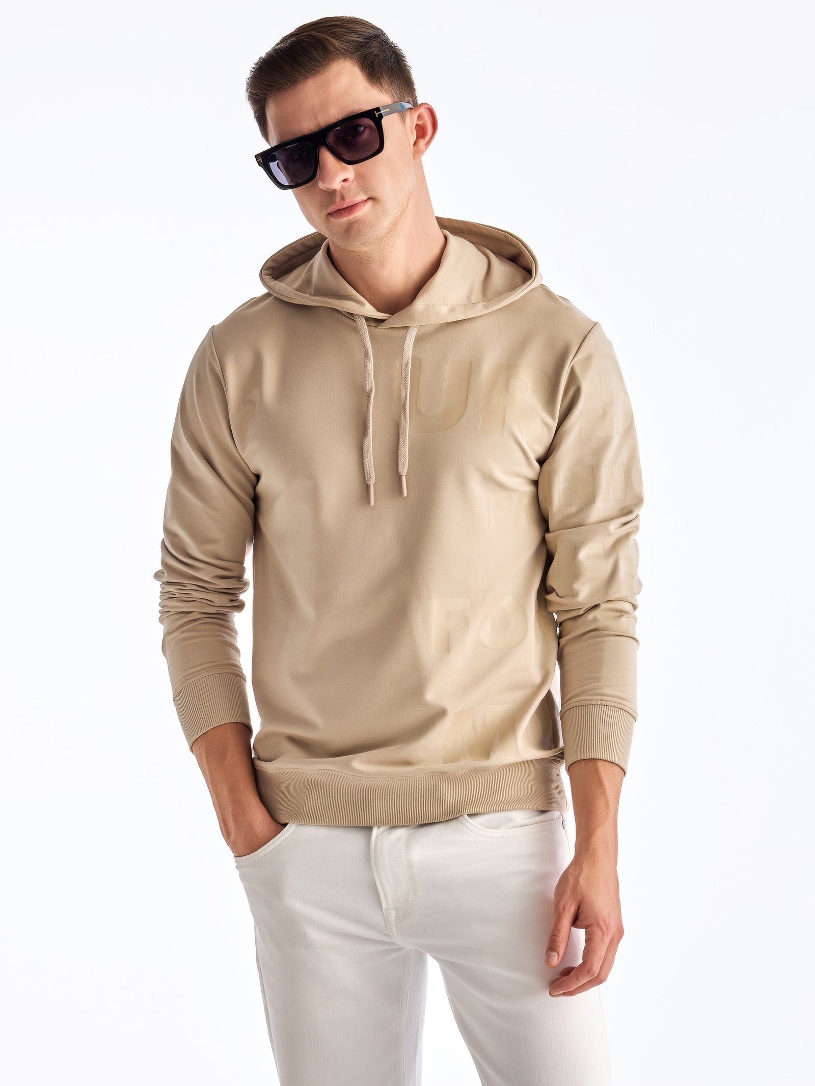 Beige Printed Hooded Sweatshirt