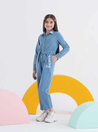 Stylish Embellished Denim Jumpsuit with Thread Embroidery