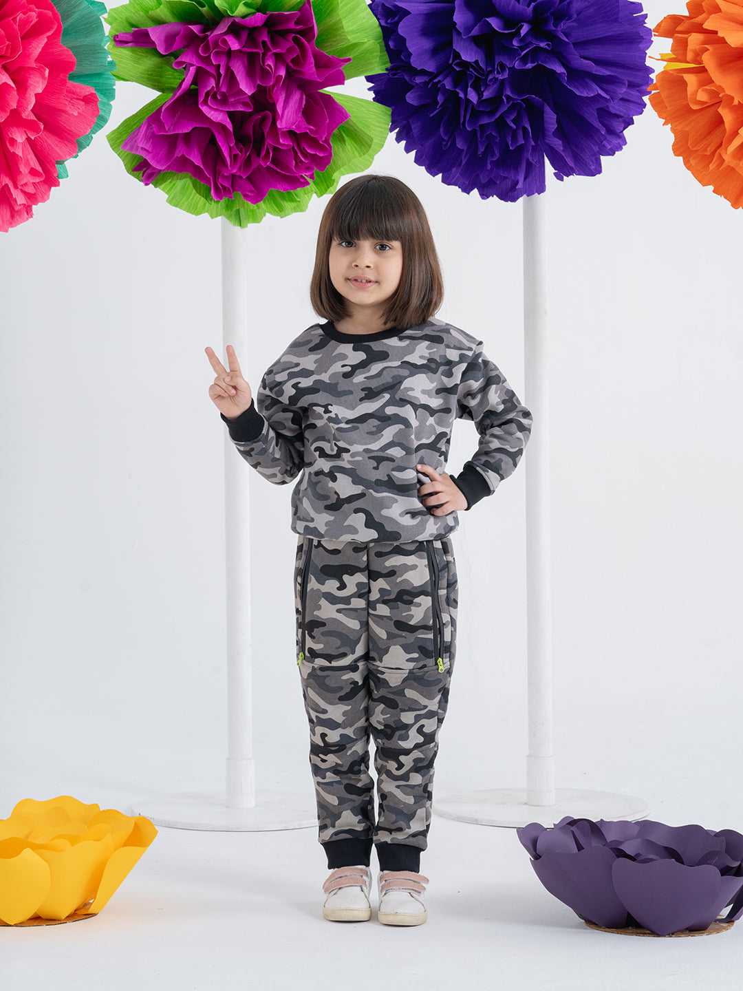 Trendy Black Unisex Camo Print Sets