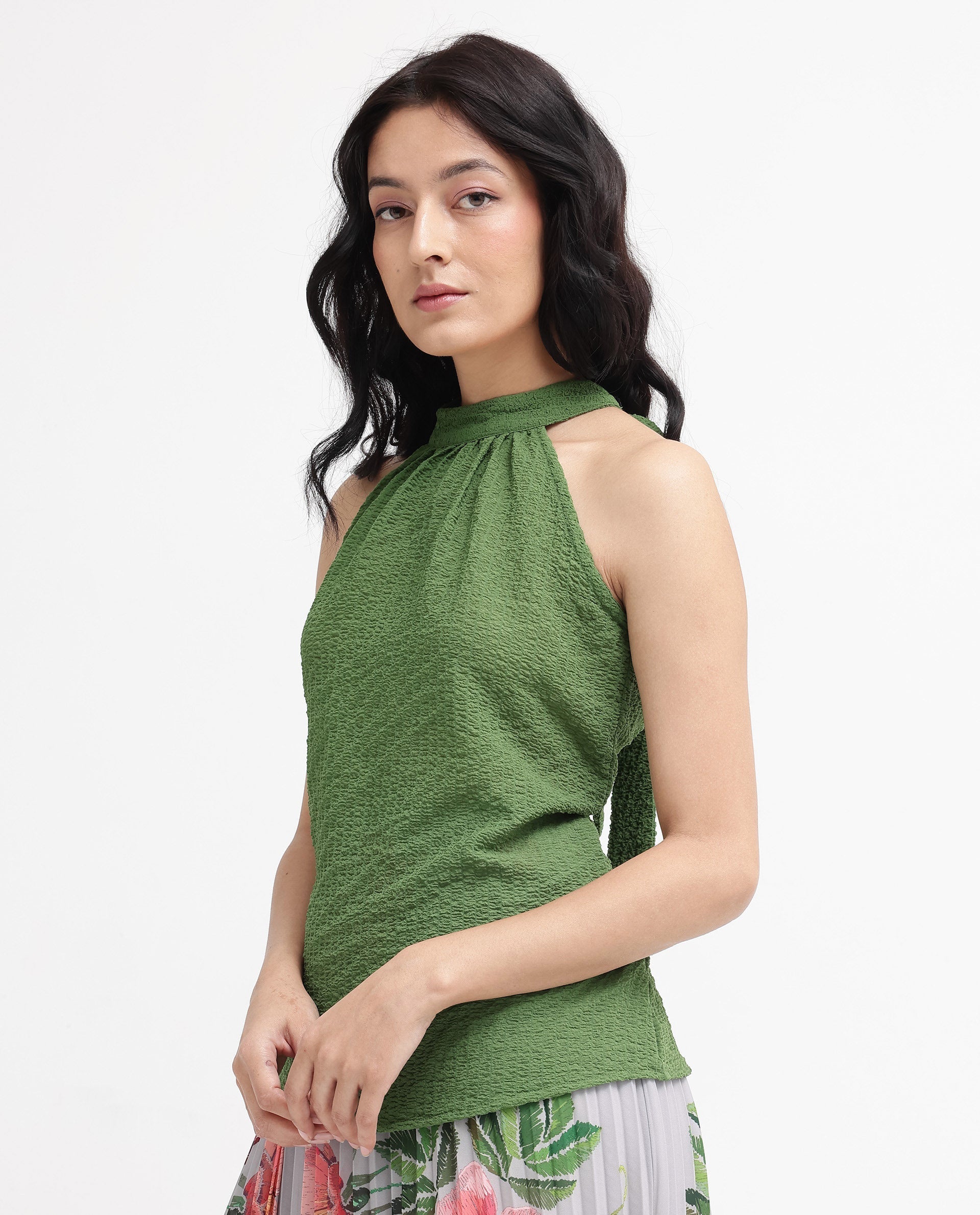 Rareism Women Vicenza Dark Green Sleeveless Halter Neck Plain Top