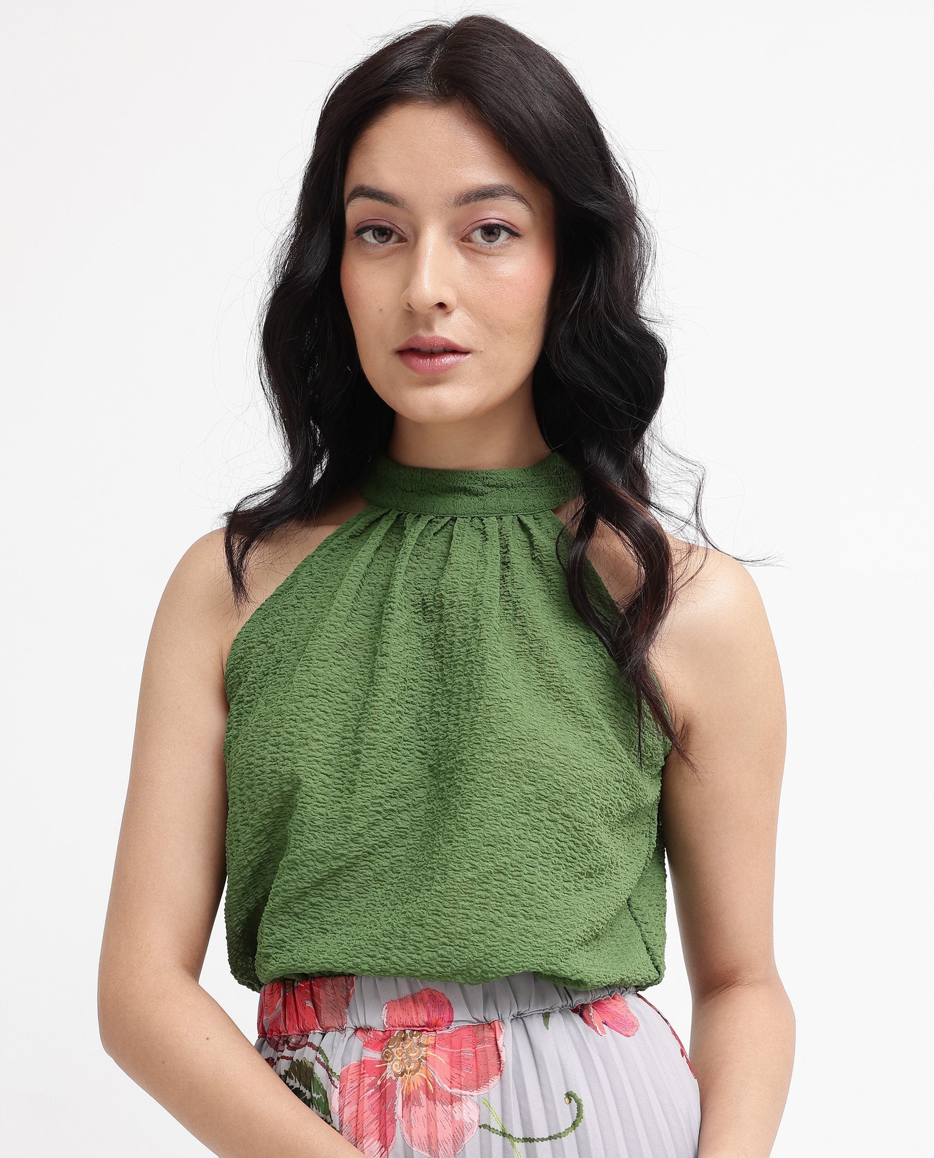 Rareism Women Vicenza Dark Green Sleeveless Halter Neck Plain Top