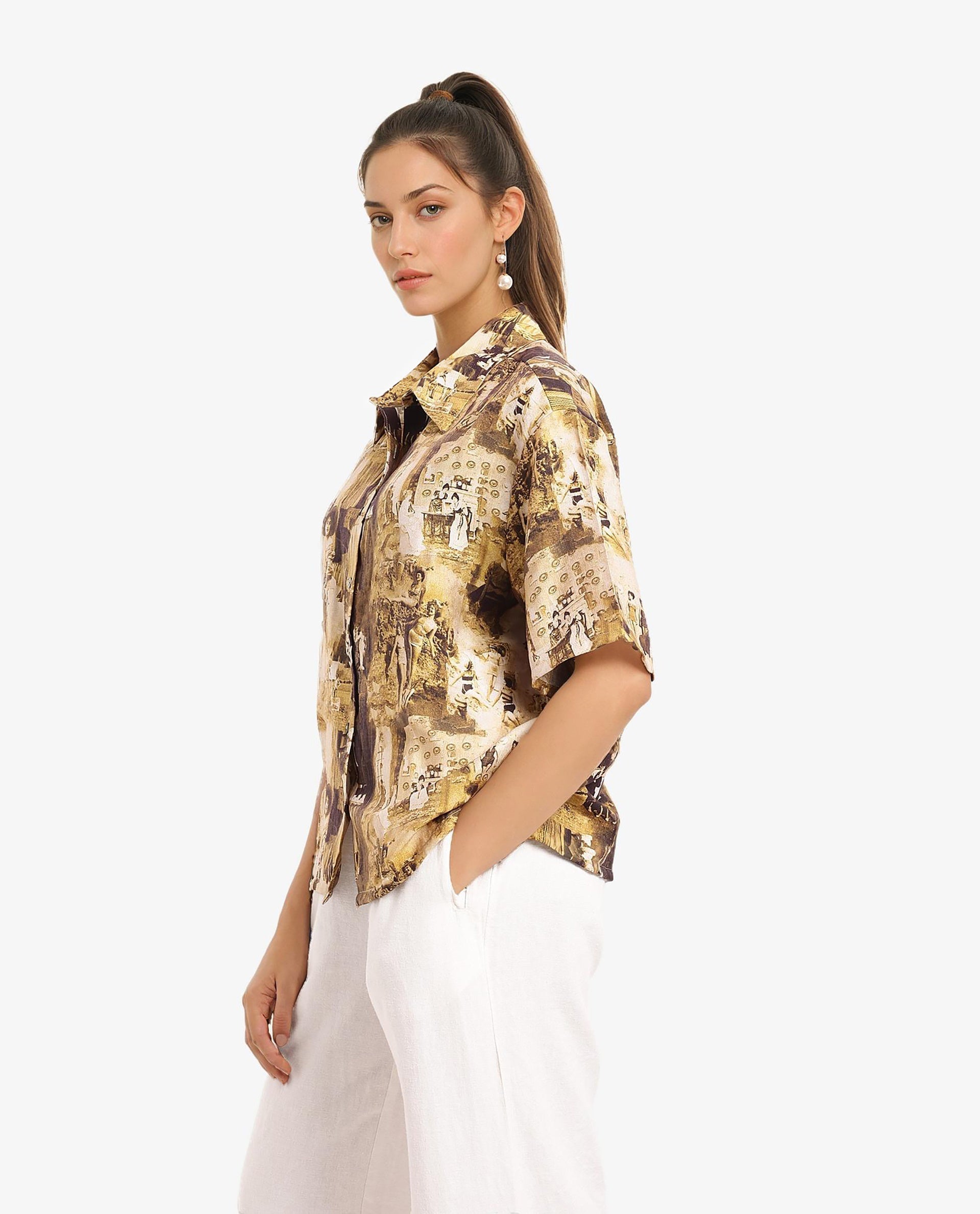 Rareism Women Victoria Multi Short Sleeve Collared Neck Button Closure Boxy Fit Object Print Top