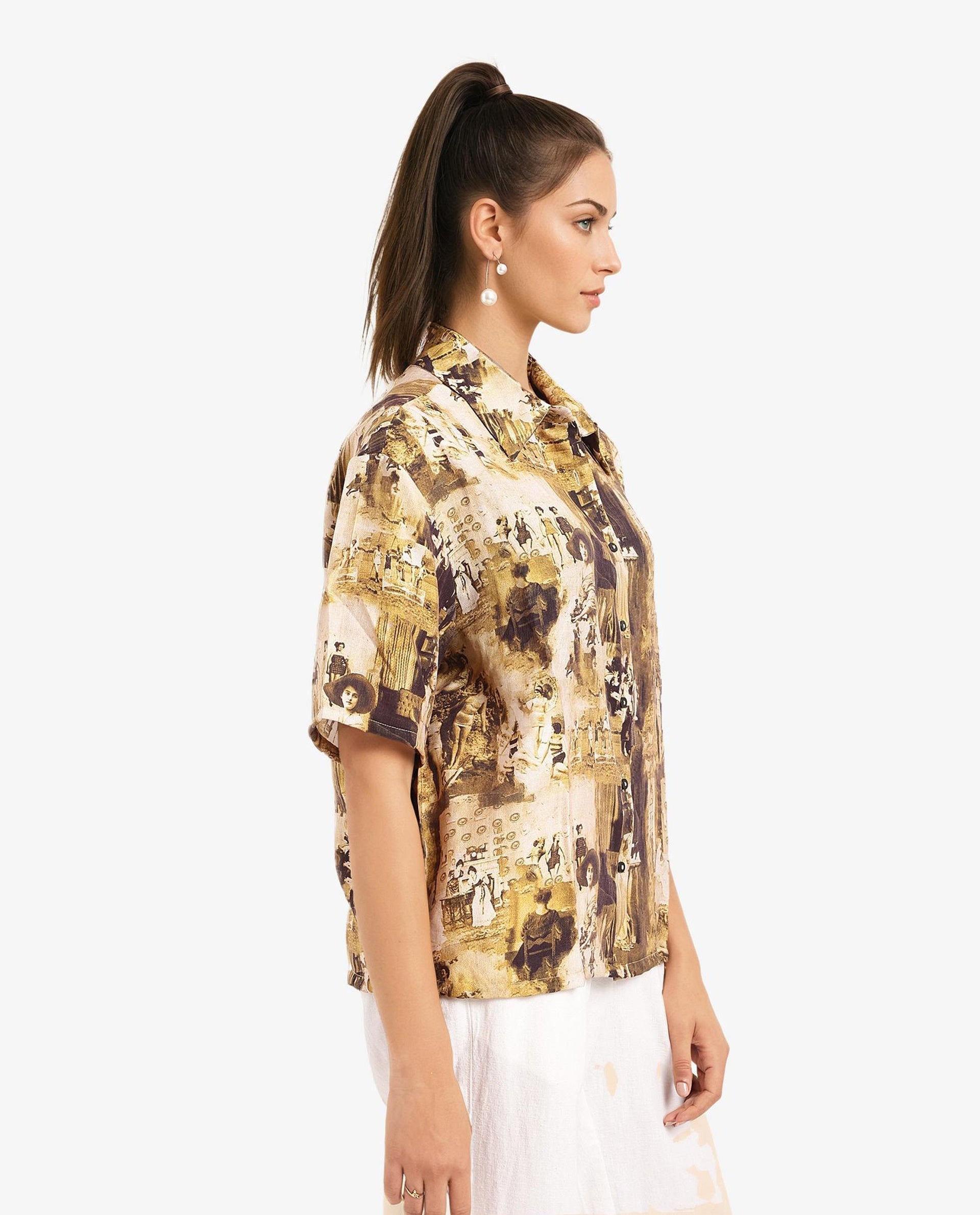 Rareism Women Victoria Multi Short Sleeve Collared Neck Button Closure Boxy Fit Object Print Top