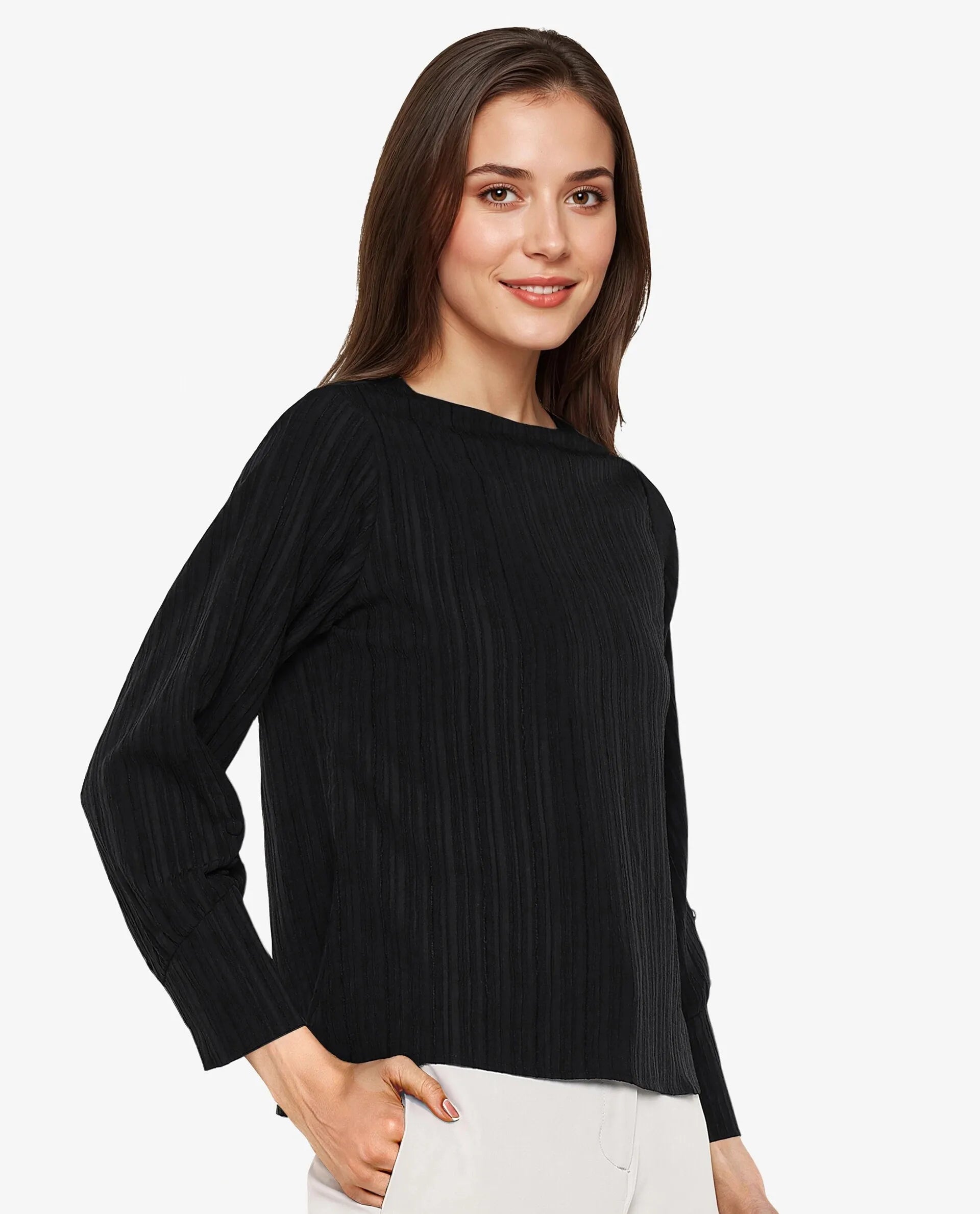 Rareism Women Vinipo Black Cuffed Sleeve Boat Neck Button Closure Plain Top