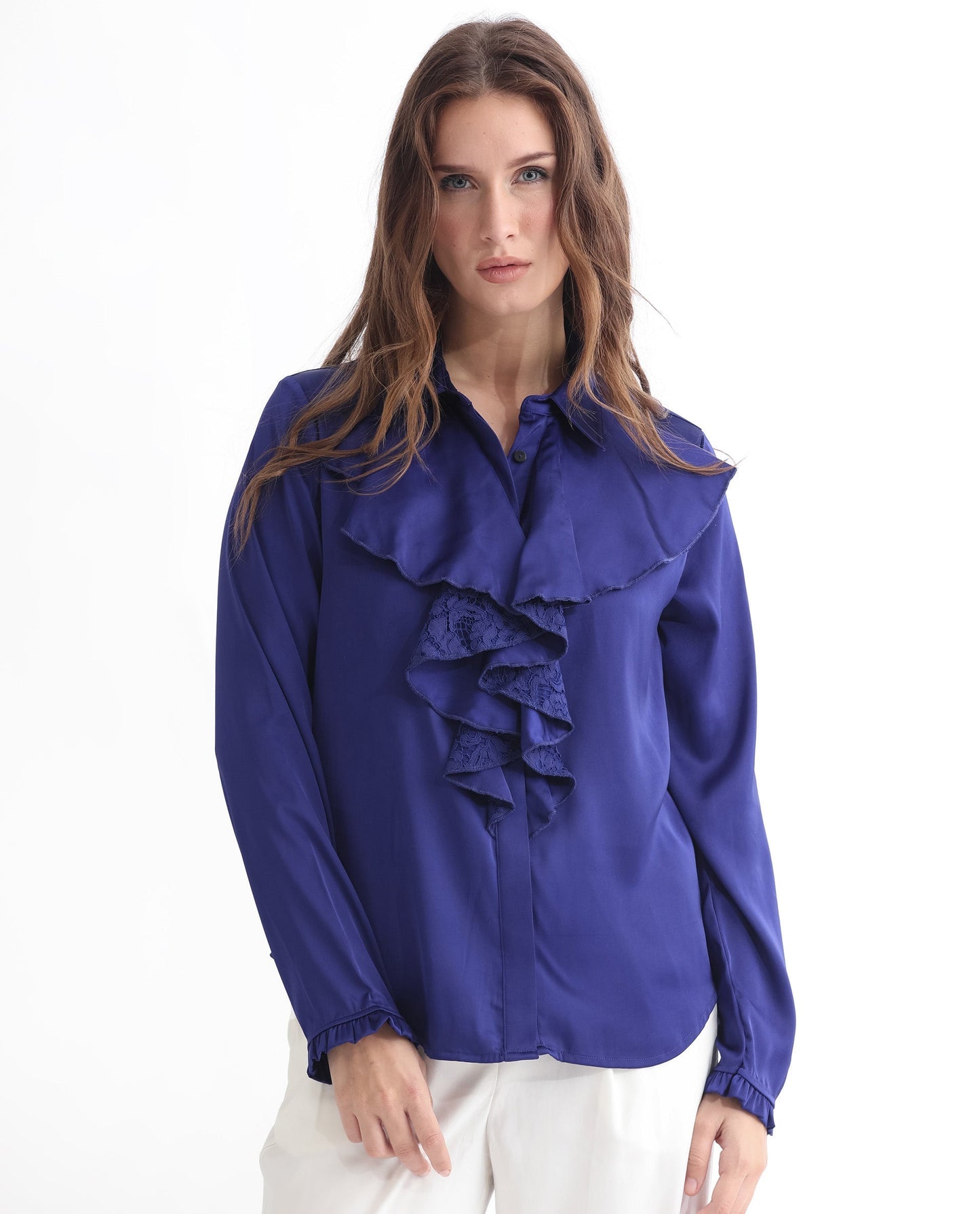 Rareism Women Uitson Dark Blue Polyester Fabric Relaxed Fit Ruffled Neck Full Sleeves Solid Top