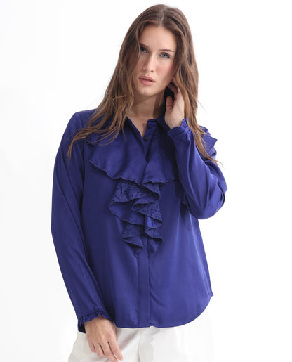 Rareism Women Uitson Dark Blue Polyester Fabric Relaxed Fit Ruffled Neck Full Sleeves Solid Top