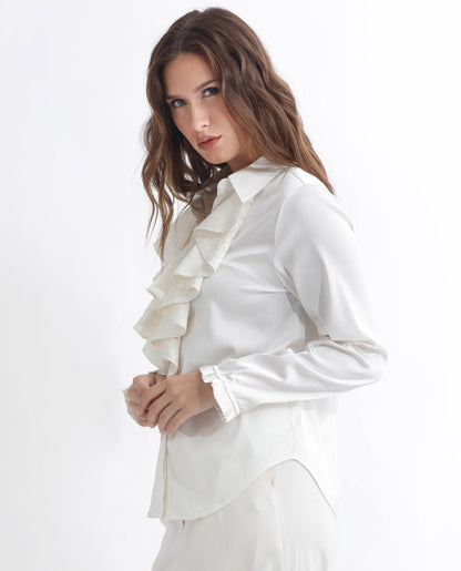 Rareism Women Uitson Off White Polyester Fabric Full Sleeves Button Closure Ruffled Neck Raglan Sleeve Relaxed Fit Plain Top