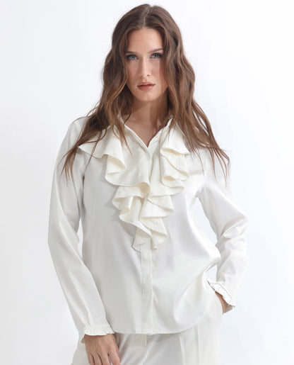 Rareism Women Uitson Off White Polyester Fabric Full Sleeves Button Closure Ruffled Neck Raglan Sleeve Relaxed Fit Plain Top