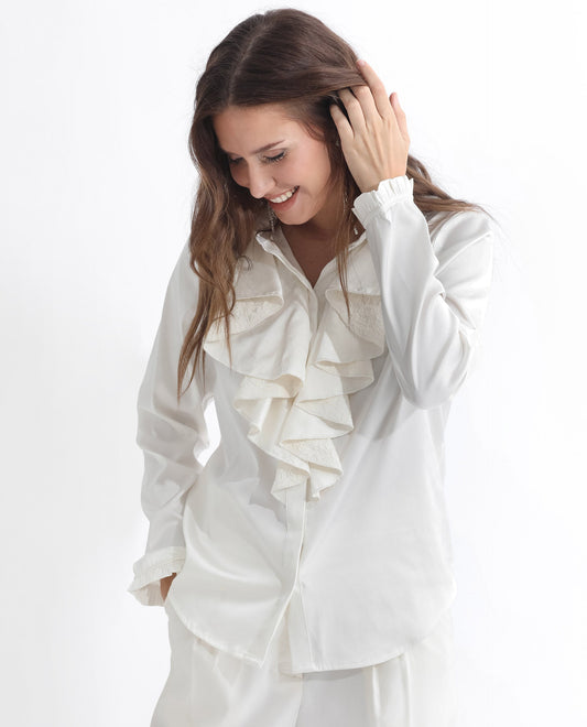 Rareism Women Uitson Off White Polyester Fabric Full Sleeves Button Closure Ruffled Neck Raglan Sleeve Relaxed Fit Plain Top