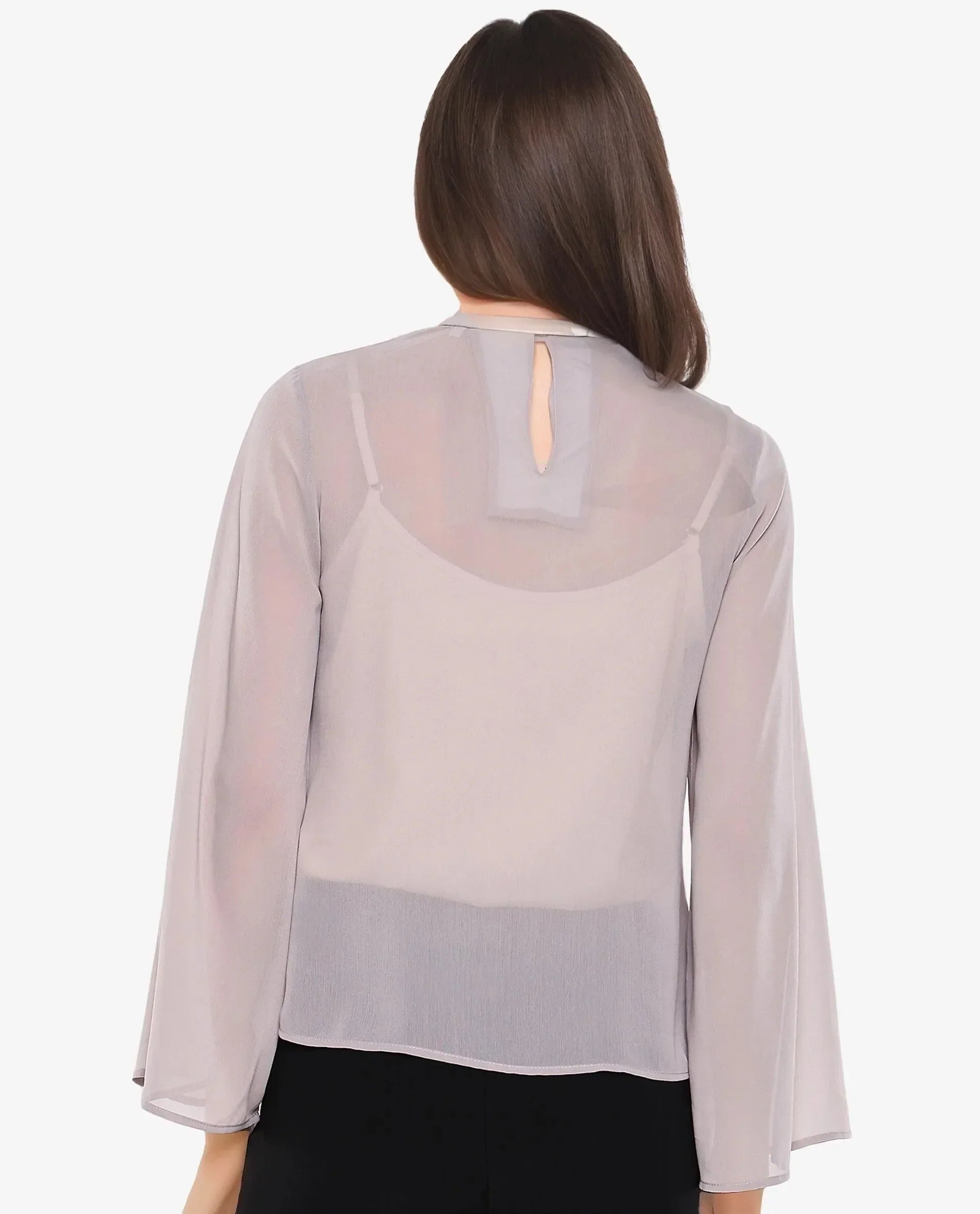 Rareism Women Vokas Grey Polyester Fabric Bell Sleeves High Neck Button Closure Plain Top