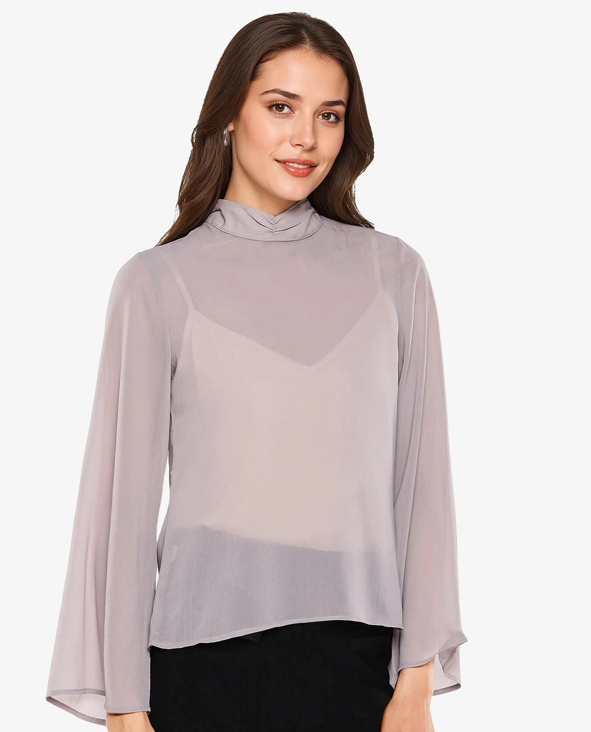 Rareism Women Vokas Grey Polyester Fabric Bell Sleeves High Neck Button Closure Plain Top