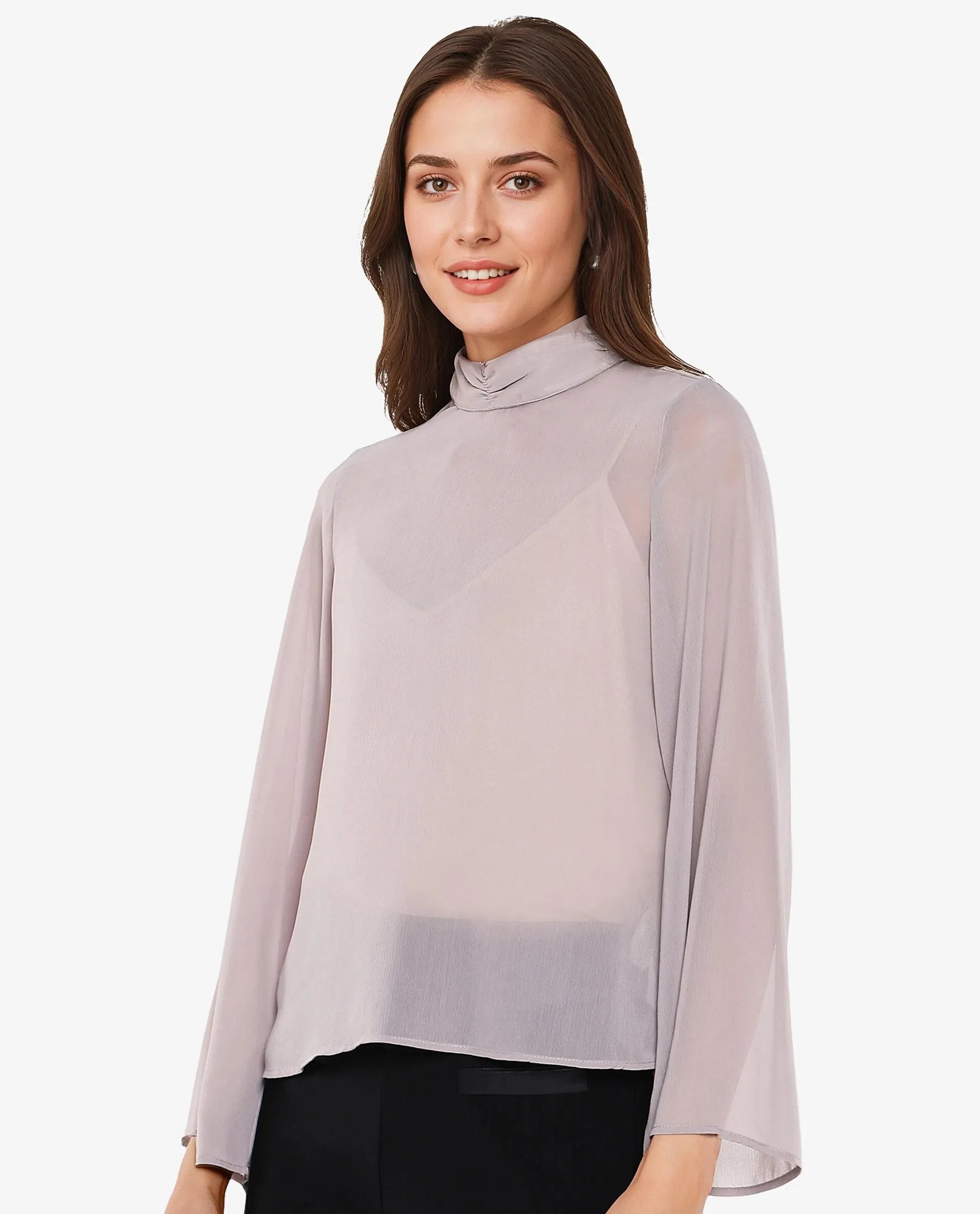 Rareism Women Vokas Grey Polyester Fabric Bell Sleeves High Neck Button Closure Plain Top