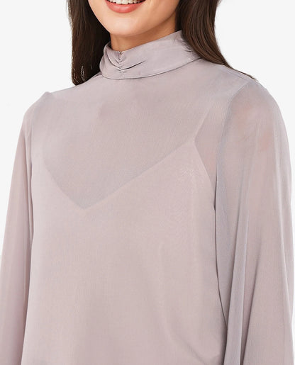 Rareism Women Vokas Grey Polyester Fabric Bell Sleeves High Neck Button Closure Plain Top