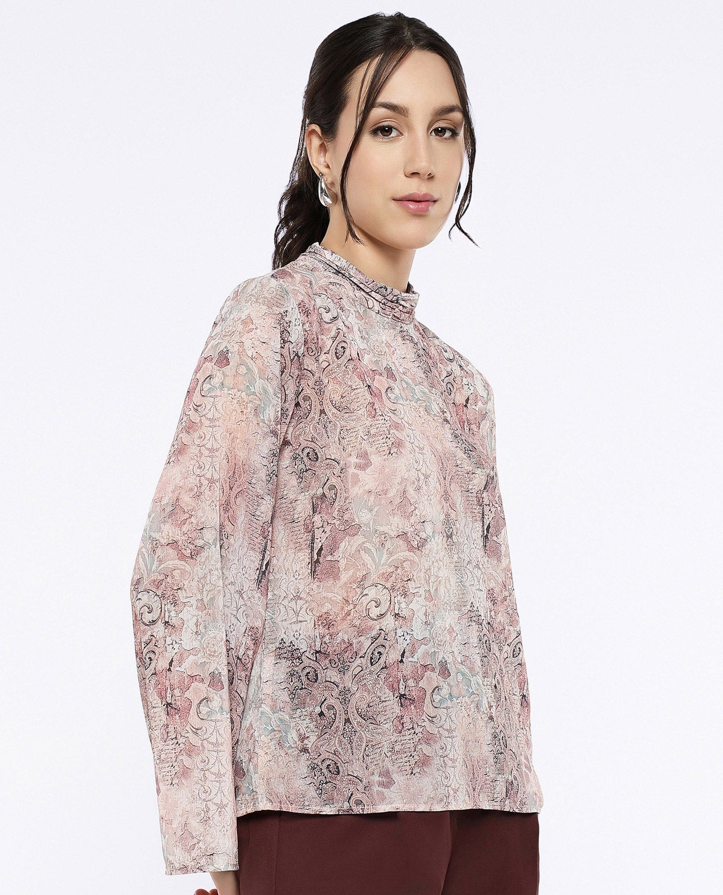 Rareism Women Vokasna Multi Bell Sleeves High Neck Button Closure Paisley Print Top