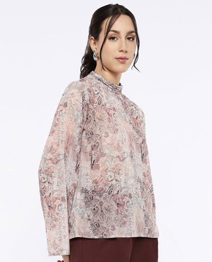 Rareism Women Vokasna Multi Bell Sleeves High Neck Button Closure Paisley Print Top