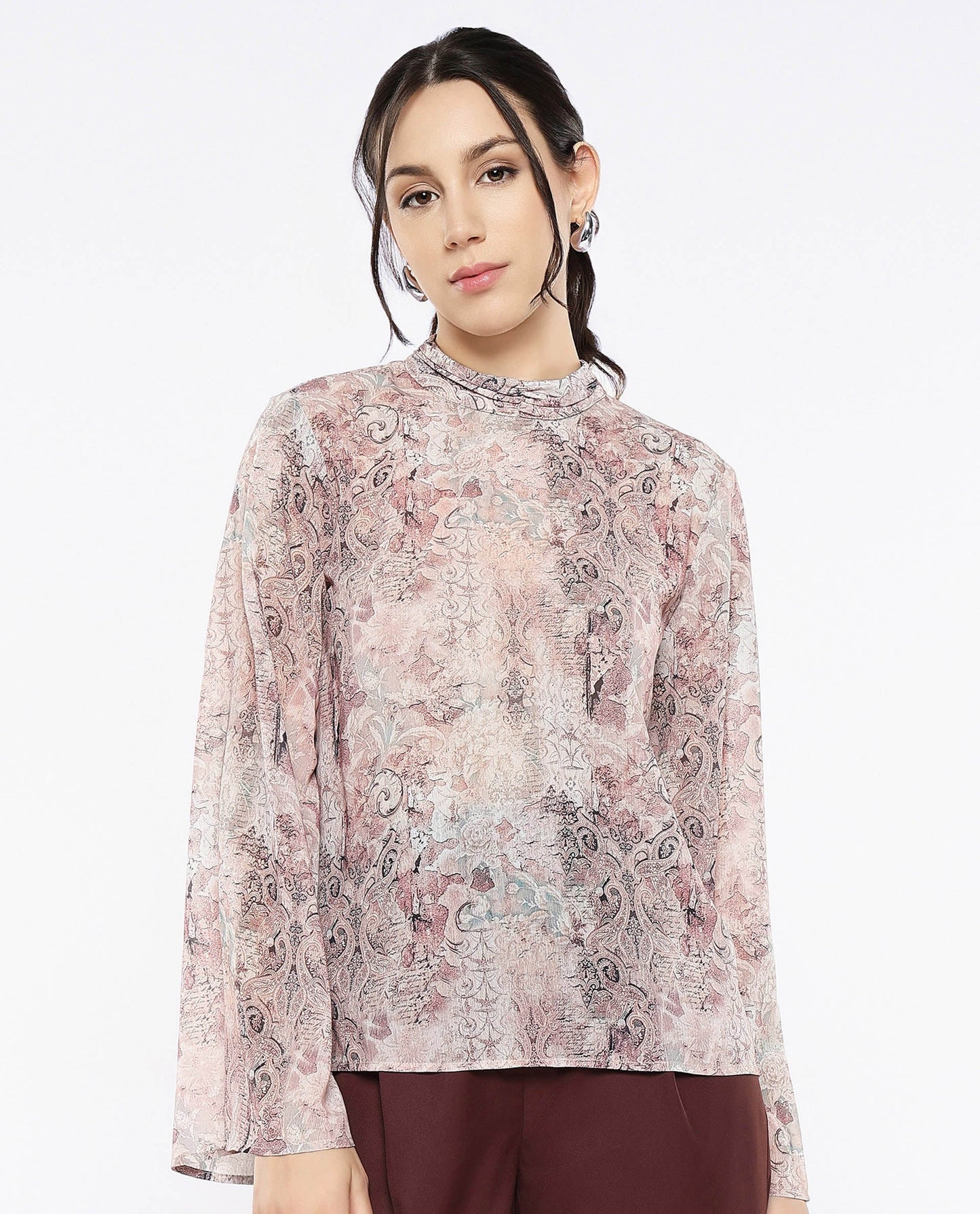 Rareism Women Vokasna Multi Bell Sleeves High Neck Button Closure Paisley Print Top