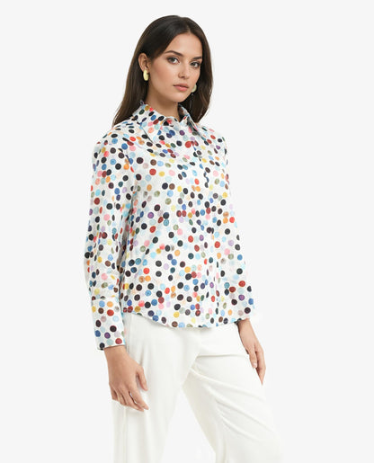 Rareism Women Wanice Light Multi Full Sleeve Collared Neck Button Closure Polka Print Top