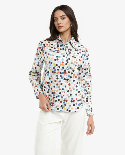 Rareism Women Wanice Light Multi Full Sleeve Collared Neck Button Closure Polka Print Top