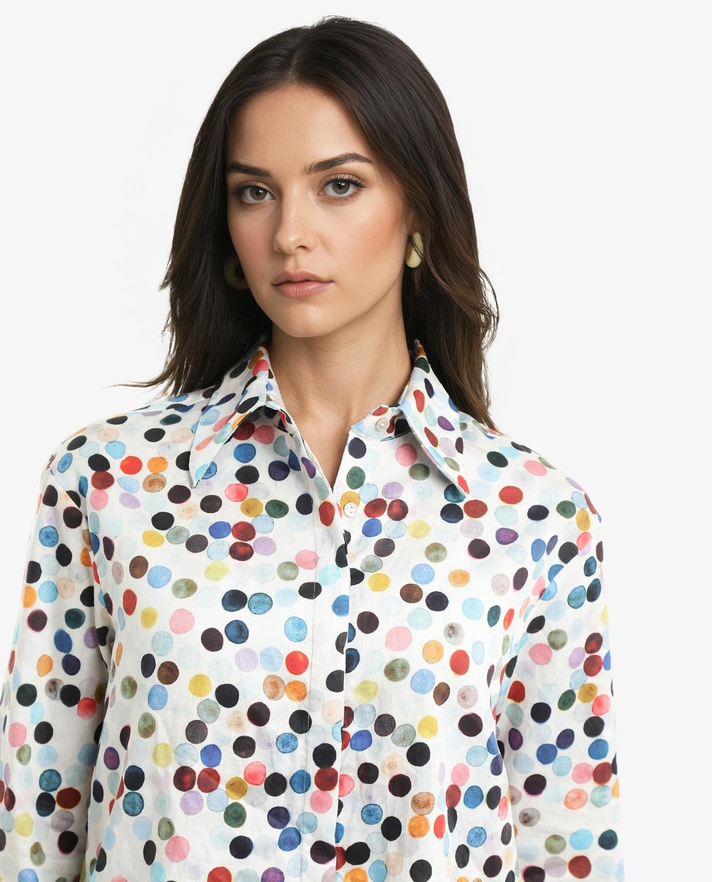 Rareism Women Wanice Light Multi Full Sleeve Collared Neck Button Closure Polka Print Top