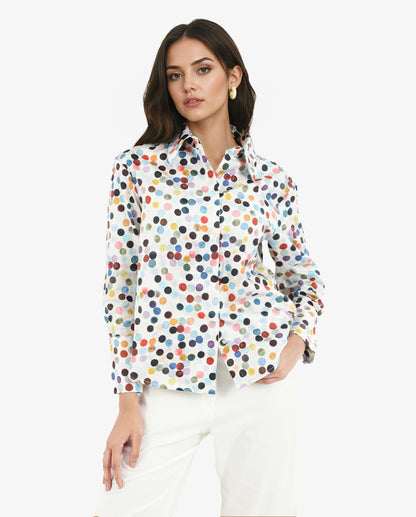 Rareism Women Wanice Light Multi Full Sleeve Collared Neck Button Closure Polka Print Top