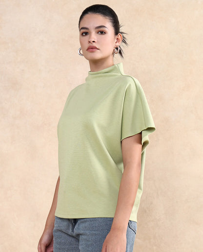 Rareism Women Worknet Dusky Green Cotton Viscose Fabric Extended Sleeves High Neck Relaxed Fit Plain Top