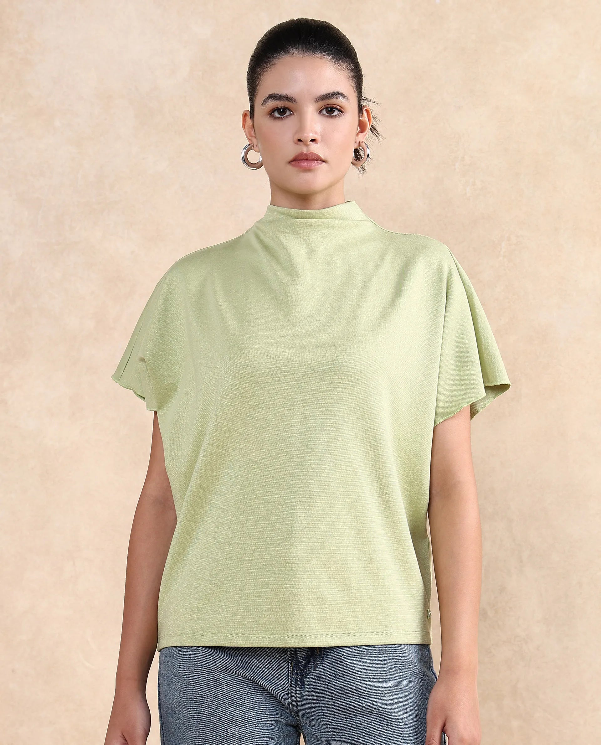 Rareism Women Worknet Dusky Green Cotton Viscose Fabric Extended Sleeves High Neck Relaxed Fit Plain Top