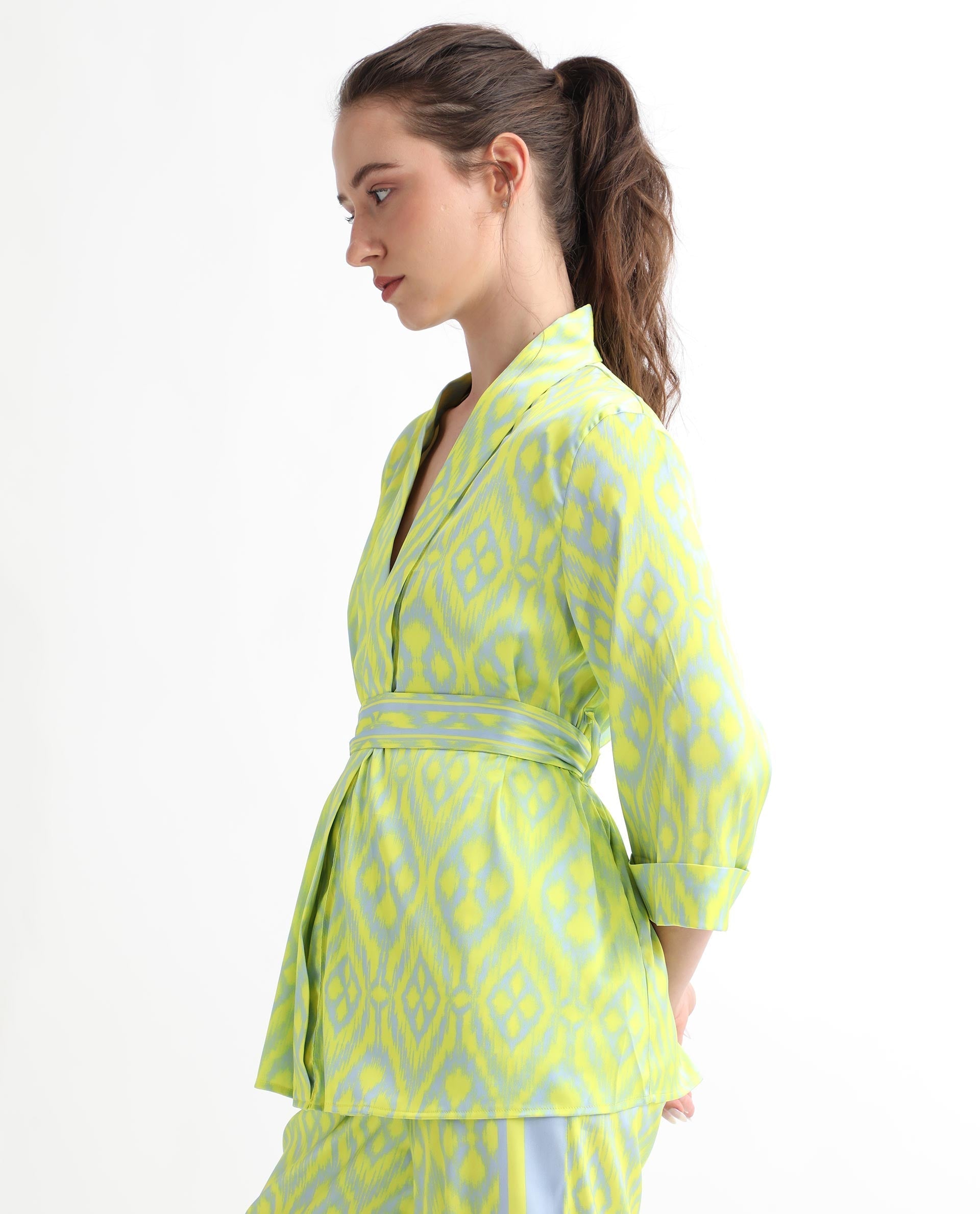 Rareism Women Wright Fluorescent Yellow Polyester Fabric 3/4Th Sleeves Tie-Up Closure Regular Fit Abstract Print Top