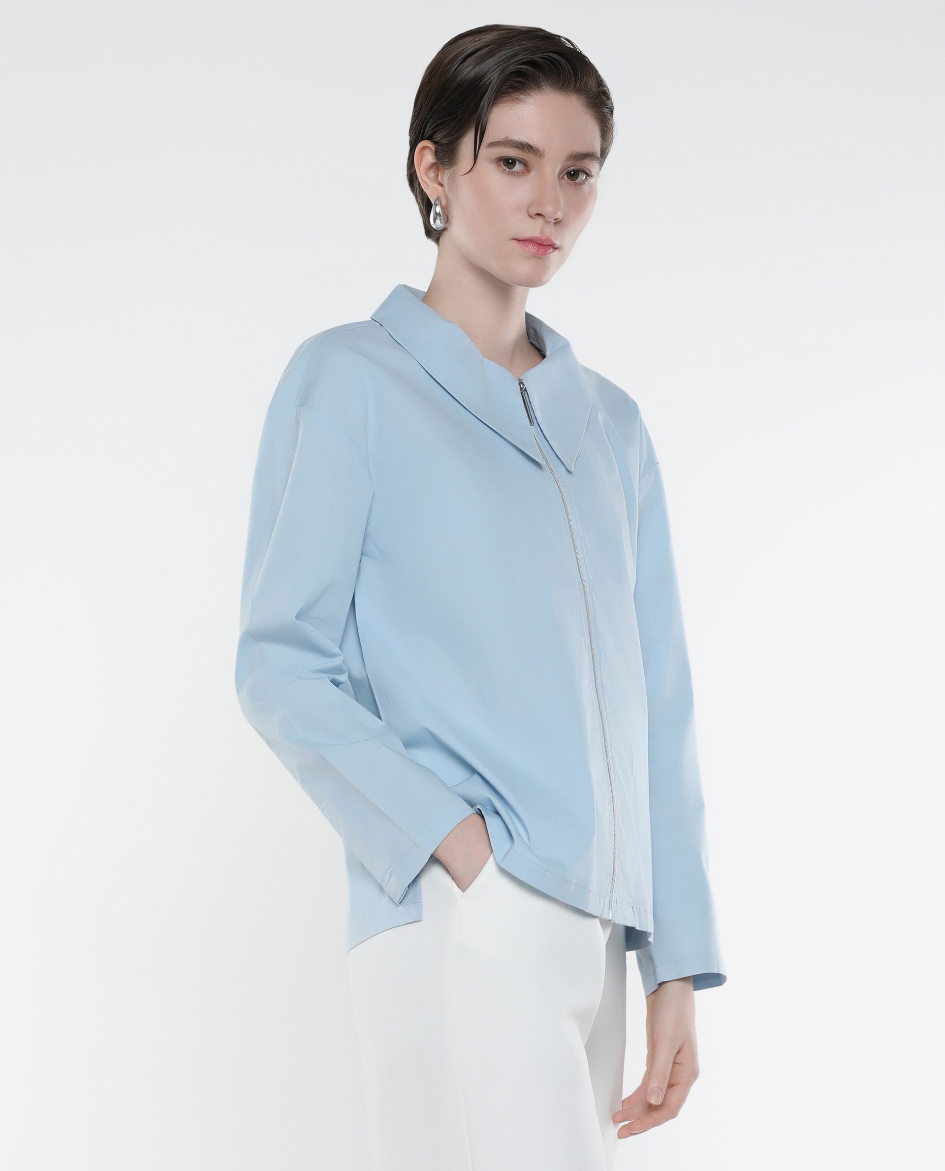 Rareism Women Xan Light Blue Full Sleeve Collared Neck Zipper Closure Plain Top