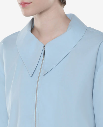 Rareism Women Xan Light Blue Full Sleeve Collared Neck Zipper Closure Plain Top