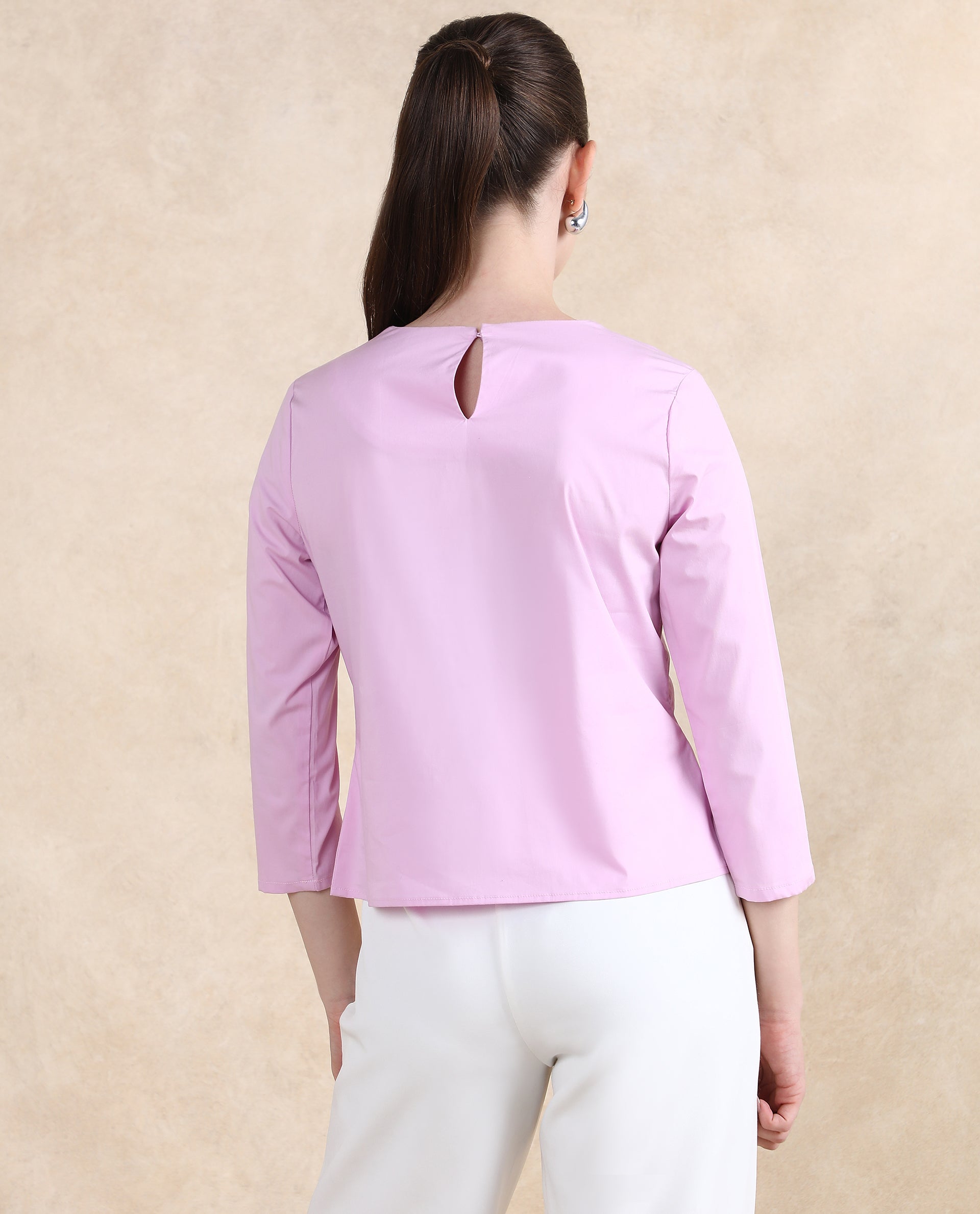 Rareism Women Xew Light Pink Cotton Fabric Regular Sleeves Asymmetric Neck Button Closure Plain Top