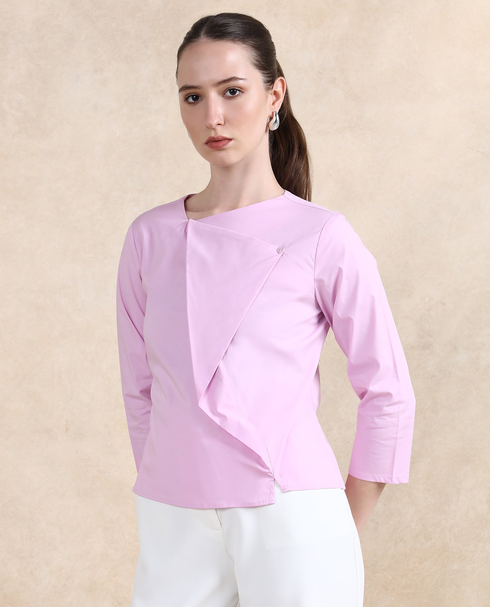 Rareism Women Xew Light Pink Cotton Fabric Regular Sleeves Asymmetric Neck Button Closure Plain Top