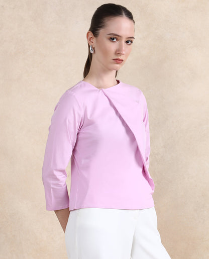 Rareism Women Xew Light Pink Cotton Fabric Regular Sleeves Asymmetric Neck Button Closure Plain Top