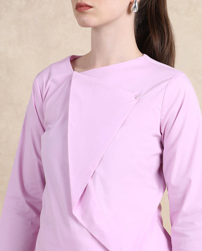 Rareism Women Xew Light Pink Cotton Fabric Regular Sleeves Asymmetric Neck Button Closure Plain Top