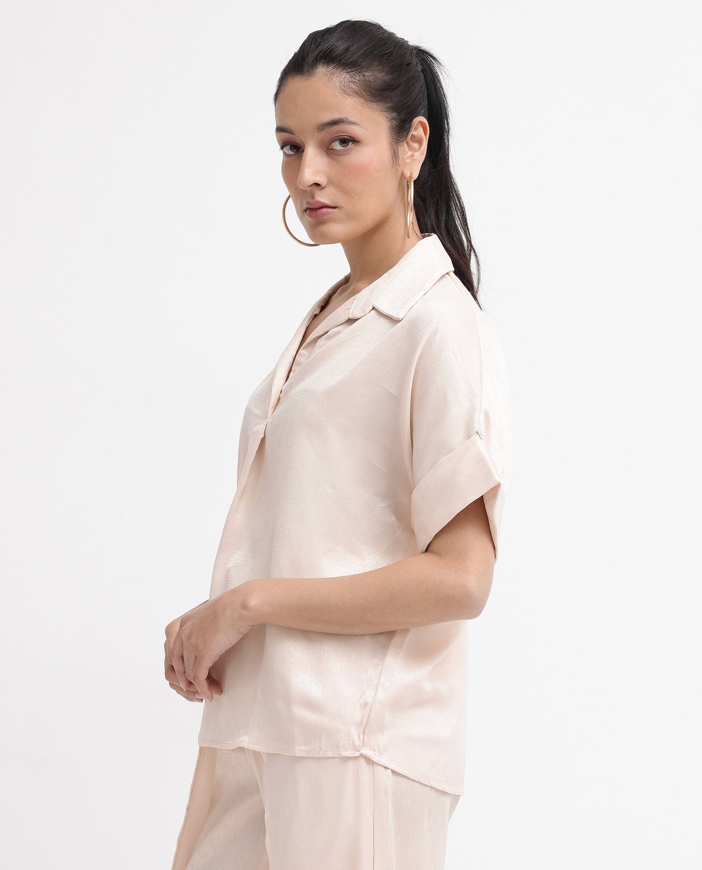 Rareism Women Yamato-T Light Beige Extended Sleeves Collared Neck Boxy Fit Plain Top