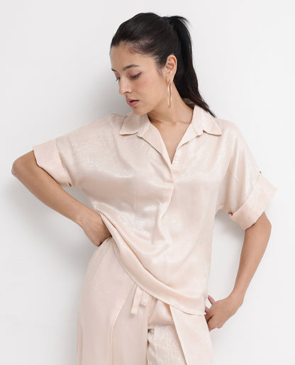 Rareism Women Yamato-T Light Beige Extended Sleeves Collared Neck Boxy Fit Plain Top