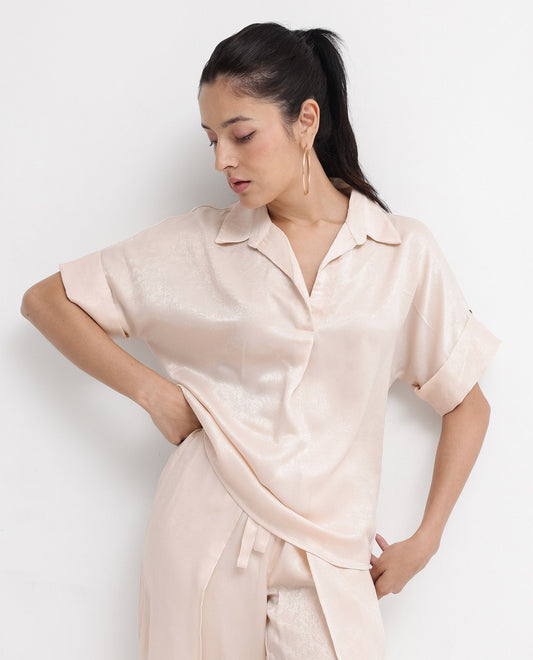 Rareism Women Yamato-T Light Beige Extended Sleeves Collared Neck Boxy Fit Plain Top