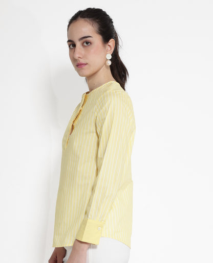 Rareism Women Zelma Yellow Cuffed Sleeve Round Neck Button Narrow Stripes Top