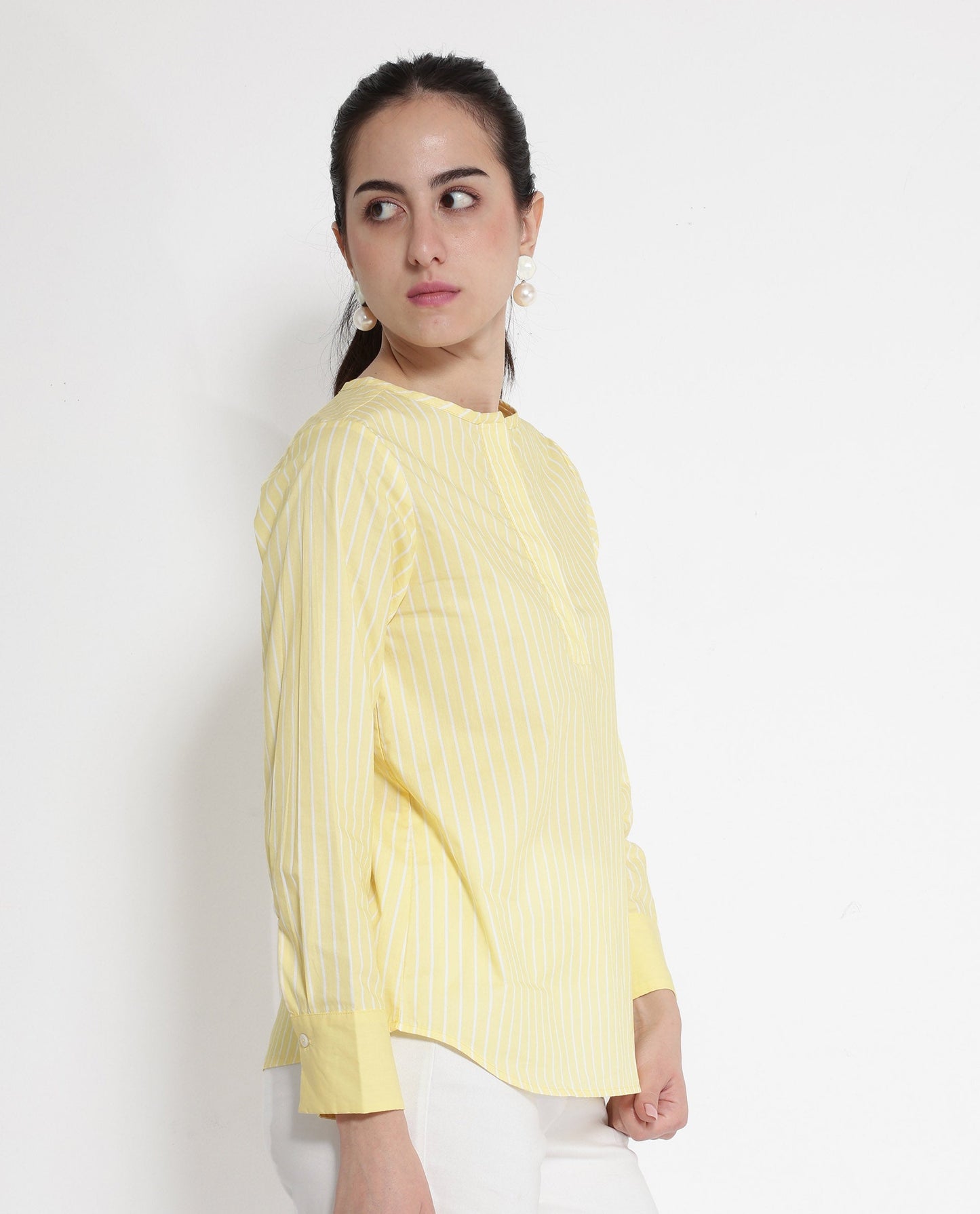 Rareism Women Zelma Yellow Cuffed Sleeve Round Neck Button Narrow Stripes Top